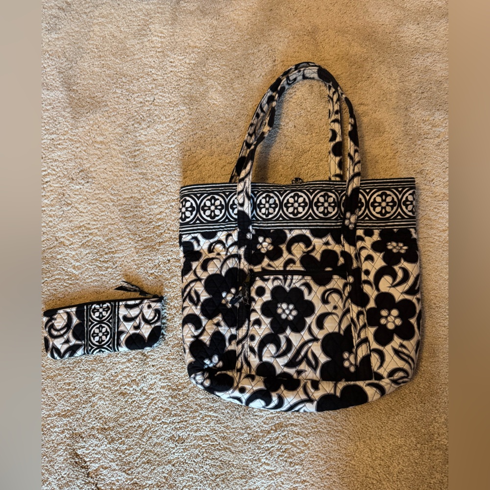Vera Bradley Floral Black and White Tote Bag with Pouch